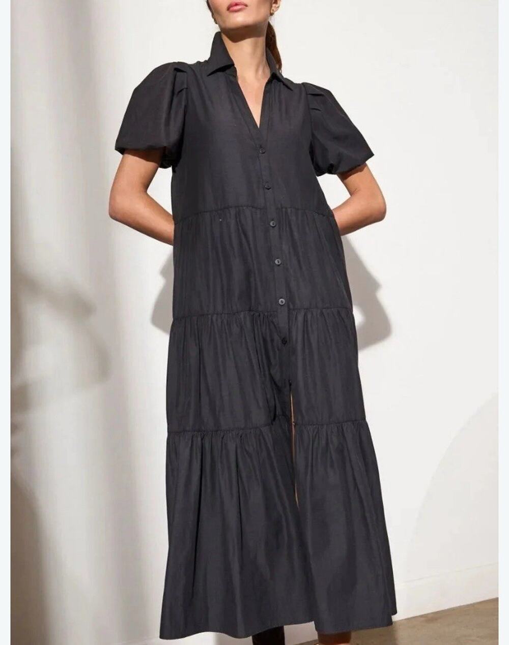 Brochu Walker Havana Dress XS Washed Black Tiered Midi Puff Sleeve Charcoal Grey